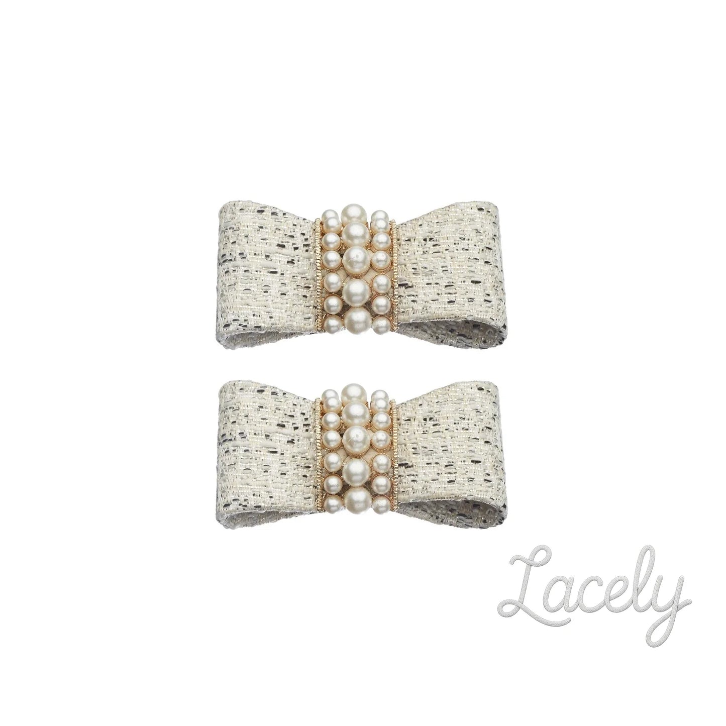 Shoe Clips White Tweed Pearl Bow