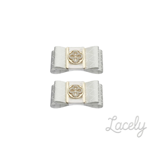 Shoe Clips White Double Gold Print Bow