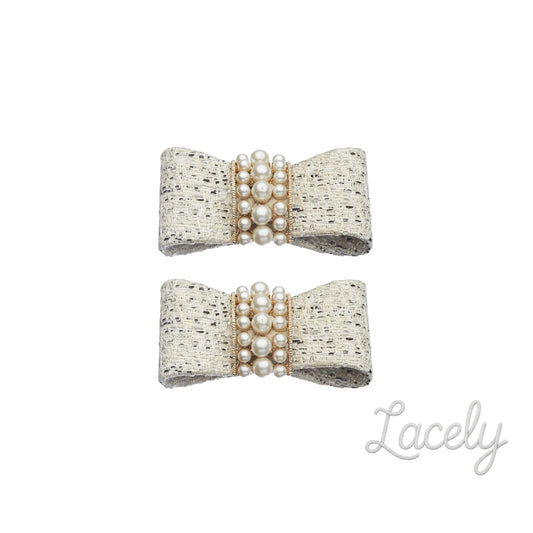 Shoe Clips White Tweed Pearl Bow